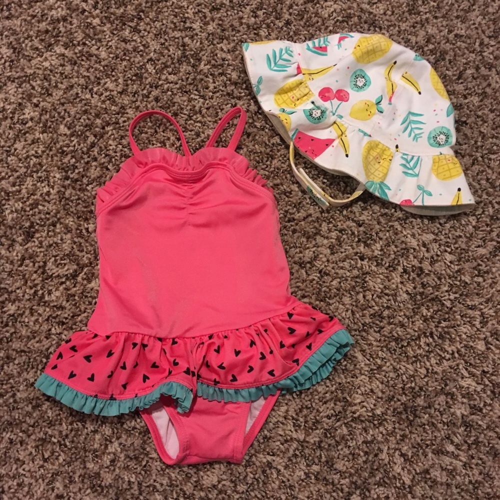 Toddler girls swim suit and matching hat